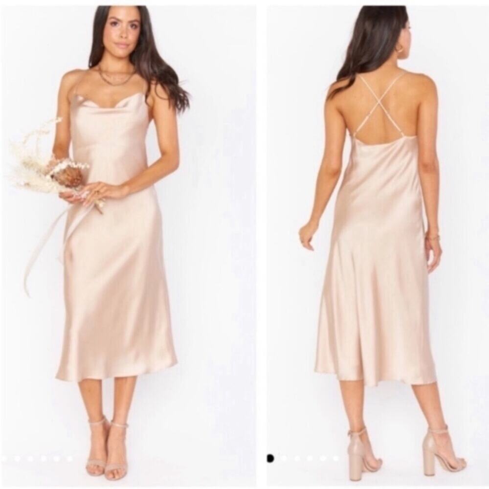 Show me Your Mumu SMYM Verona champagne luxe satin midi dress NEW medium - Picture 2 of 6